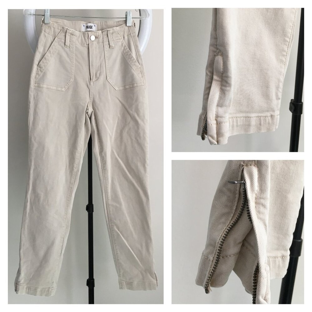 PAIGE Ecru High Waist Large Pocket Ankle Zip Logo Hardware Jeans